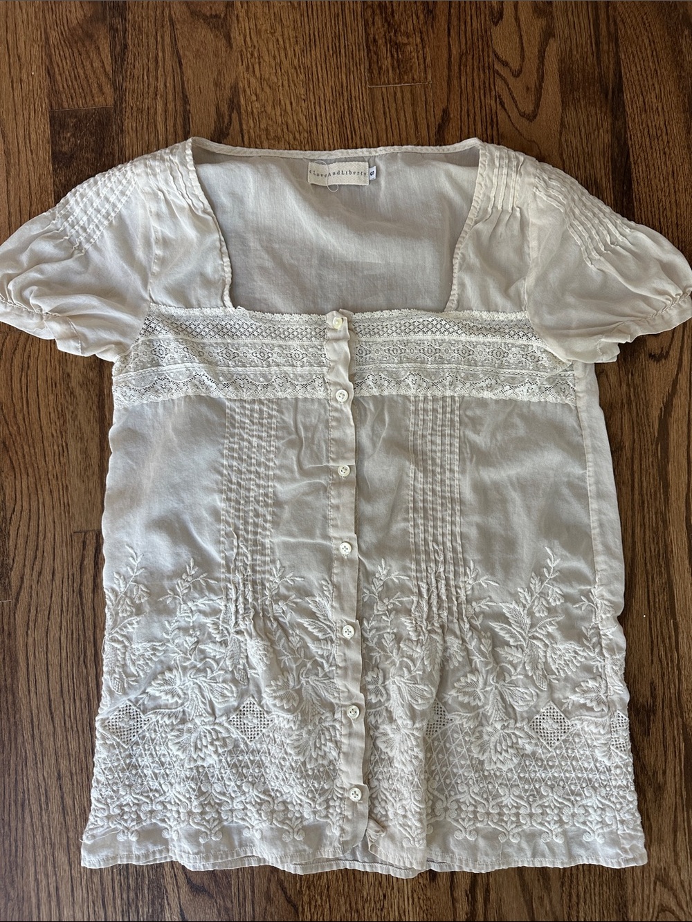 Embroidered Cream Button-Front Women's Blouse